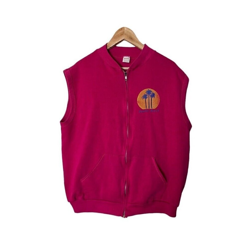 Vintage 80s Venice Beach California Zip Up Hoodie Sleeveless Sweatshirt XL